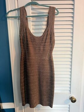 Herve Leger Scoop Neck Bronze Sleeveless Knit Dress Small